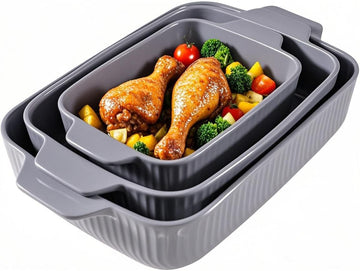 Ceramic Casserole Dishes for Oven Set of 3 Pcs Rectangular Bakeware Set with Handle for Steak Beef Pan Roast Chicken