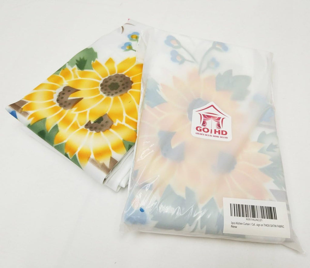 3pcs Farmhouse Kitchen Cafe Curtain Set Air Brushed by Hand of Sunflower and Butterfly Design on Thick Satin Fabric