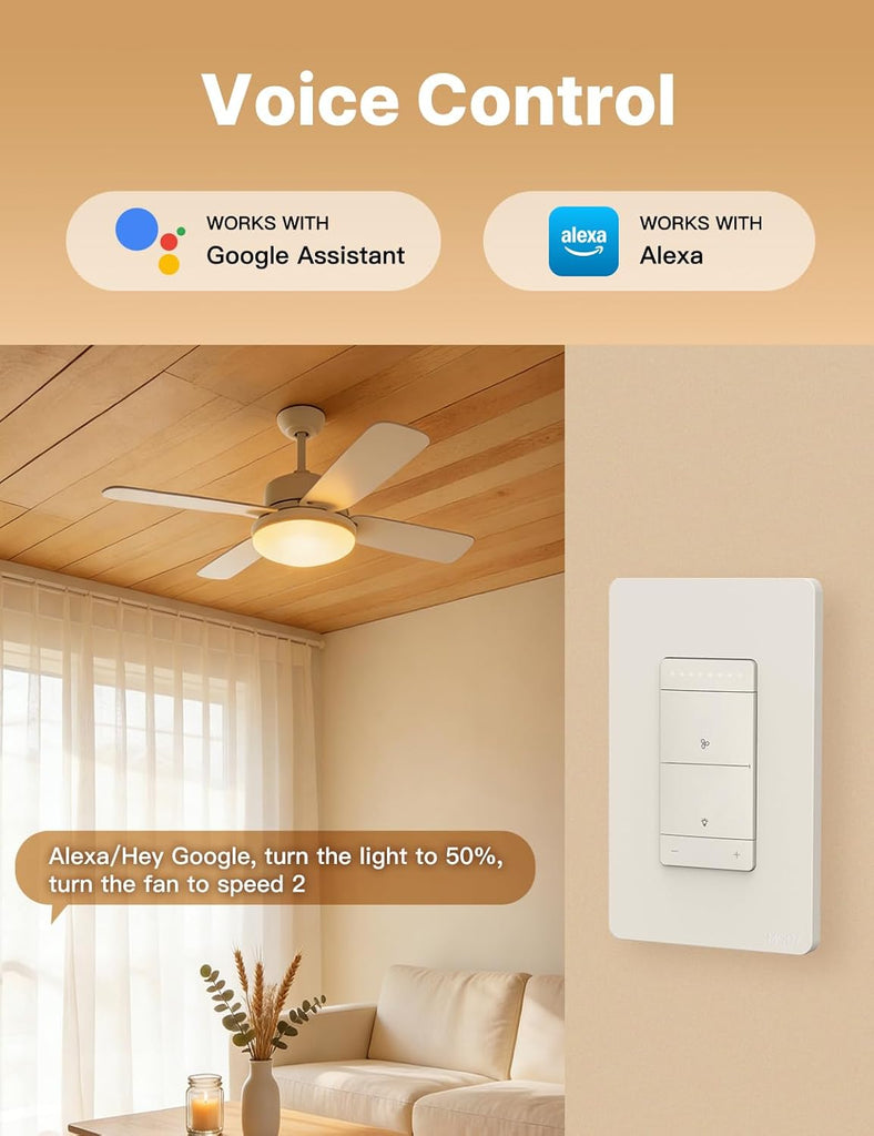 Star Ring Smart Ceiling Fan Control and Dimmer Light Switch, 2.4GHz WiFi Smart Switch, 4-Speed & 1-100% Dimmable