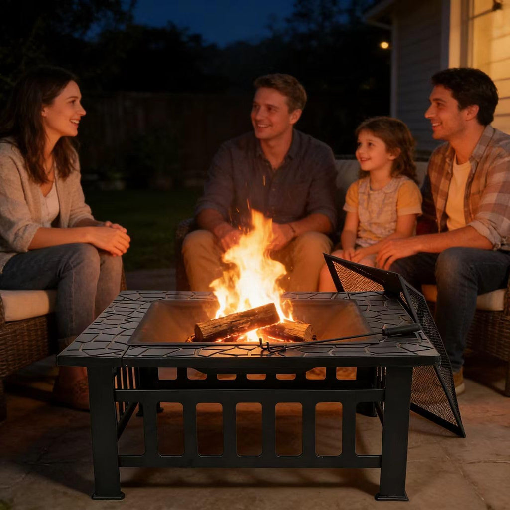 32 inch Outdoor Fire Pit with Grill for Outside Wood Burning, Square Metal Outside Fireplaces