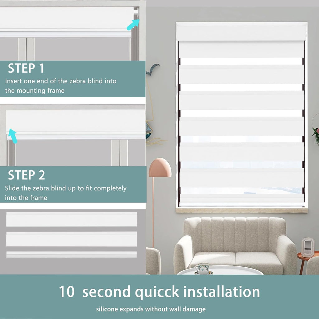 No Drill No Tools Cordless Zebra Blinds for Windows, Day & Night Dual Sheer Roller Shades,Easy Installation,Free-Stop
