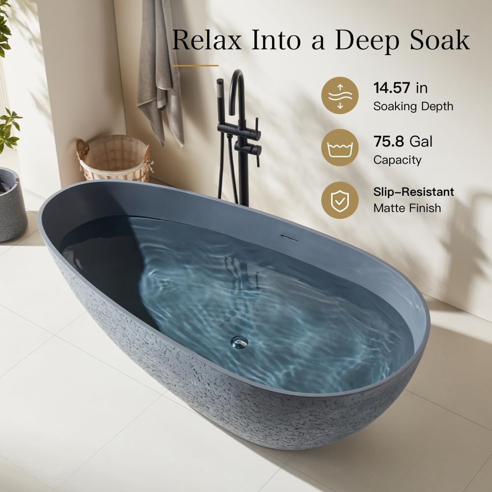 67" Stone Resin Luxury Contemporary Solid Surface Freestanding Bathtub in Cement Point Treatment Oval Tub