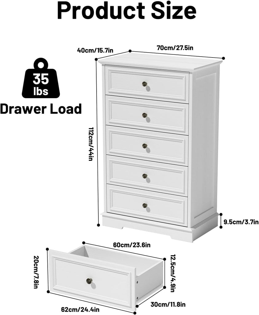 White Dresser , 44" Tall 5 Drawer Dresser, Wooden Chest of Drawers with Large Storage, Vertical Dressers for Closet