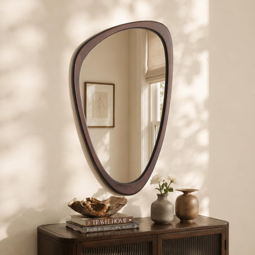 19" H x 23" W Asymmetrical Mirror, Irregular Wooden Wall Mirror - Mid-Century Modern Decorative Mirror, Solid Wood