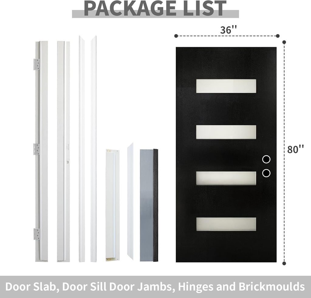 36" x 80" Exterior Fiberglass Front Door for Home, Prehung Entry Door with 4 Lite Glass Panels, Modern Design, Left