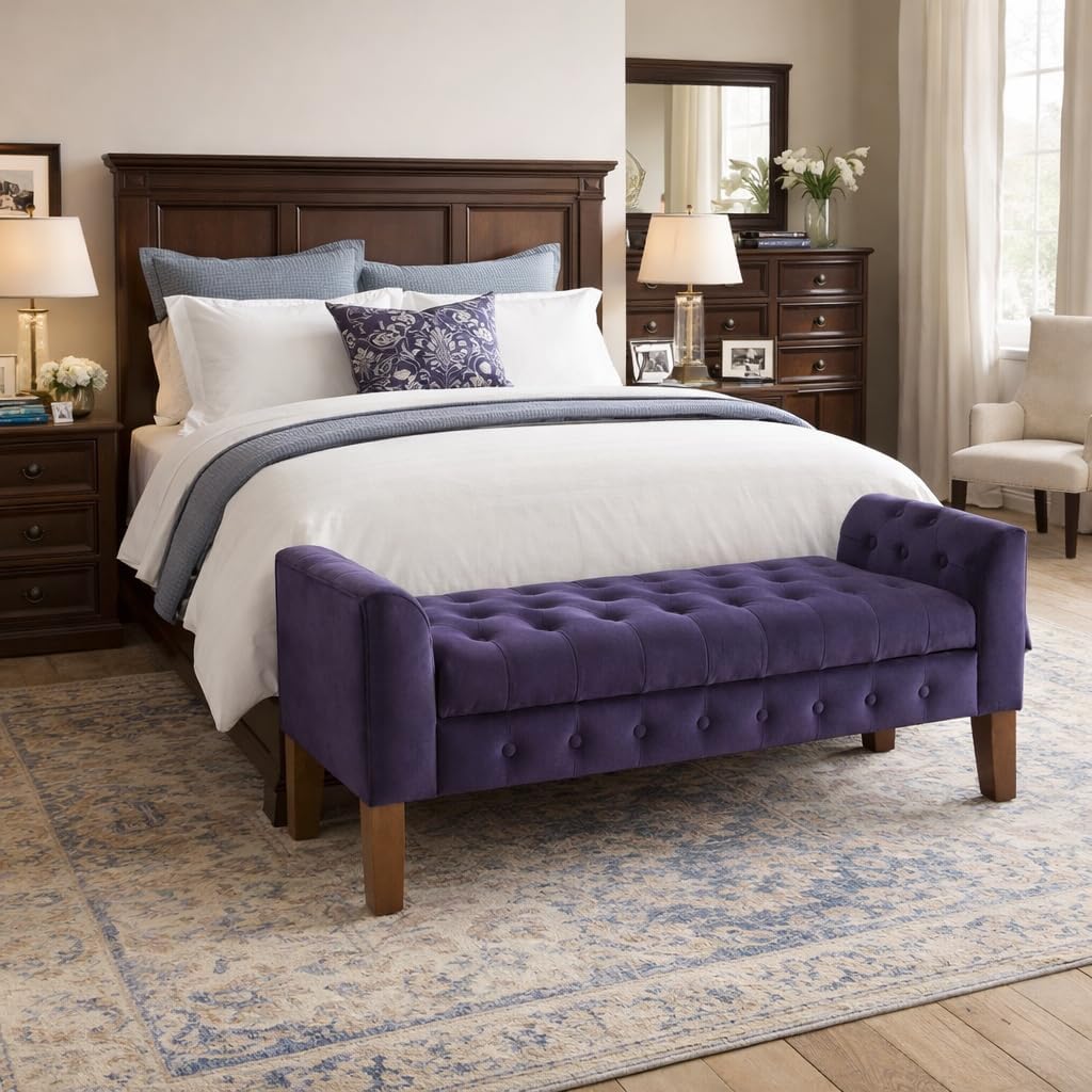 Velvet Tufted Storage Bench Settee with Hinged Lid, Purple 50" x 18" x 23"