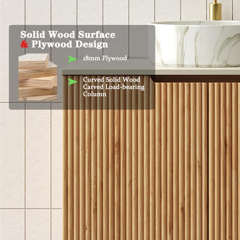 30-Inch Bathroom Vanity with Sink, Freestanding Modern Cabinet with Ceramic Basin, Soft-Closing Double Doors, Travertine-Pattern Sintered Stone Countertop, Natural Wood Finish