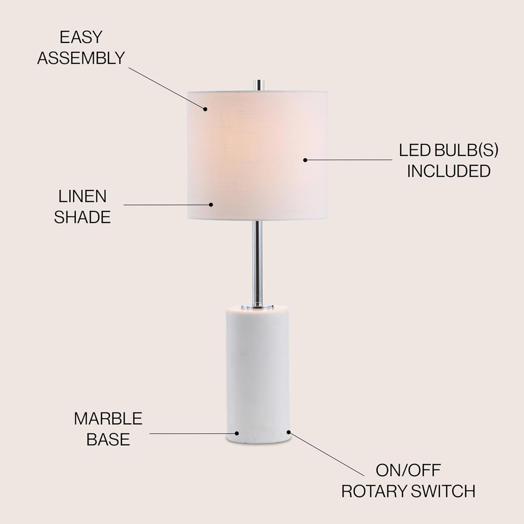 25.5" White Marble and Chrome Modern LED Table Lamp, Minimalist Iron Bedside Lamp Bedroom, White Linen Drum Shade