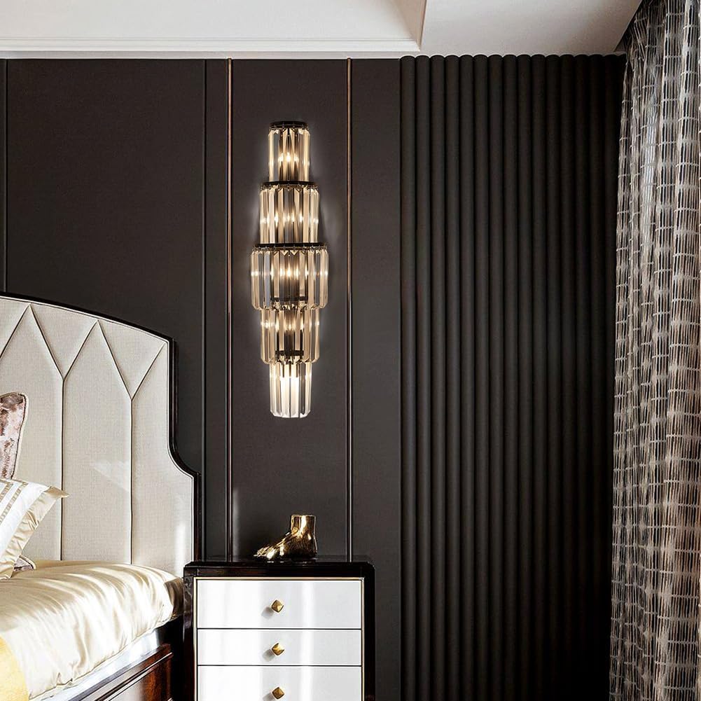 29.5 inch Modern Wall Sconce Crystal Vanity Wall Sconce Lighting 5-Light Black Wall Light Fixtures for Bedroom Living
