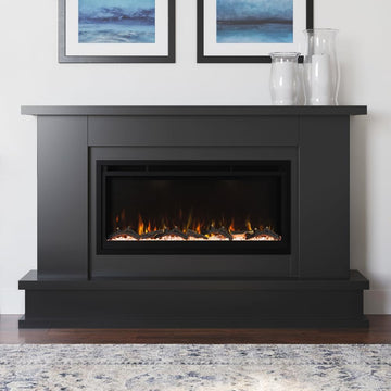 Black Mantel Package 64" W 42" H with 42 Inch Electric Fireplace - 5 Flame Colors, 10 Ember Bed Colors, Log