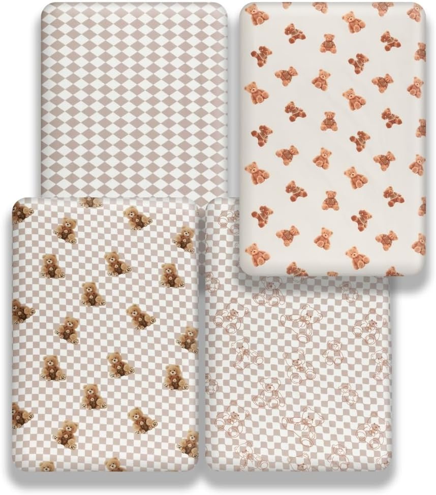 Fitted Baby Neutral Crib Sheets Bear and Buffalo Check Plaid Breathable Unisex Baby Standard Crib Sheet Set for Boys