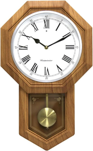 Plastic Pendulum Clock Wood Grain Color.Sturdy Frame.Westminster Chime Every Hour,Elegant,Traditional Schoolhouse,Home,Office,Living...