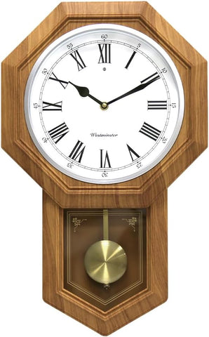 Plastic Pendulum Clock Wood Grain Color.Sturdy Frame.Westminster Chime Every Hour,Elegant,Traditional Schoolhouse,Home,Office,Living...
