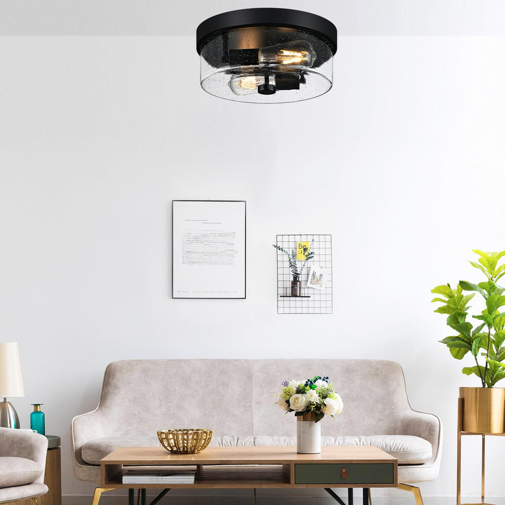 Black Flush Mount Ceiling Light Fixtures, 2-Light Ceiling Mount for Farmhouse with Seeded Glass Lampshade, Industrial