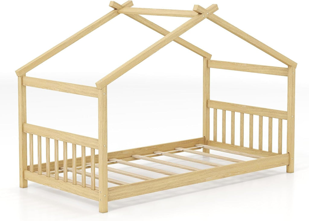 Twin Floor House Bed with Headboard & Footboard, Wood Floor Bed Frame with Roof for Boys & Girls, No Box Spring