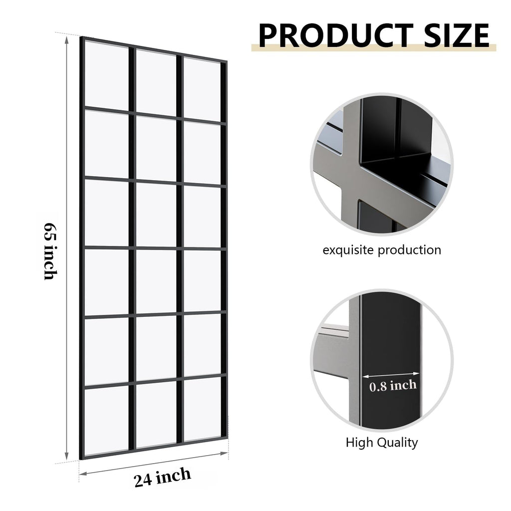 Windowpane Full Length Mirror, 65"x 24" Floor Standing Mirror, Black