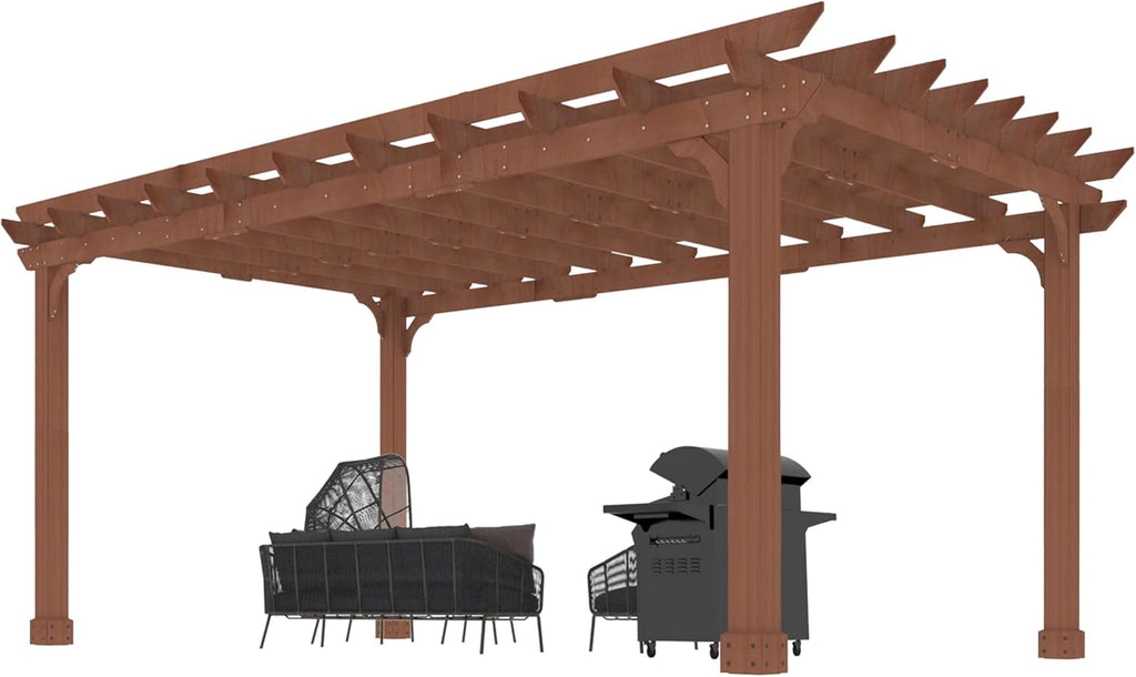 12 x16 FT Wooden Pergola, Cedar Wood Gazebo with Flat Roof, Outdoor Garden Shelter with Stakes Included