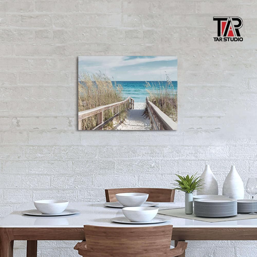 Beach Artwork Seascape Wall Art: Seaside Painting Fence Pathway Picture Print on Wrapped Canvas (24''W x 18''H