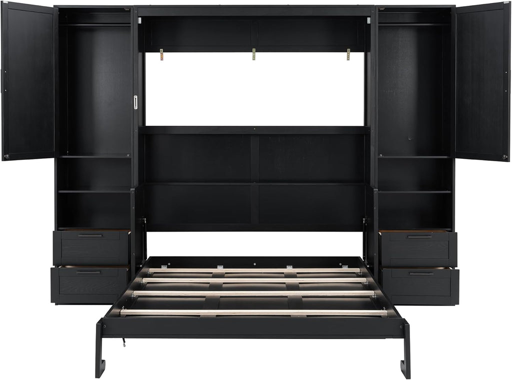 Queen Murphy Bed with Desk, Multifunctional Foldable Wall Bed with Closet, Drawers and Shelves, Space-Saving Wood Bed