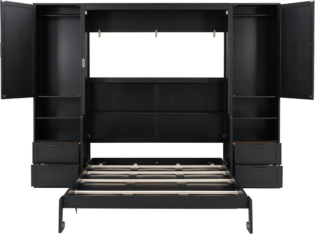 Queen Murphy Bed with Desk, Closet, Drawers and Shelves, Fold into The Wall, Space-Saving Foldable Wood Platform Bed