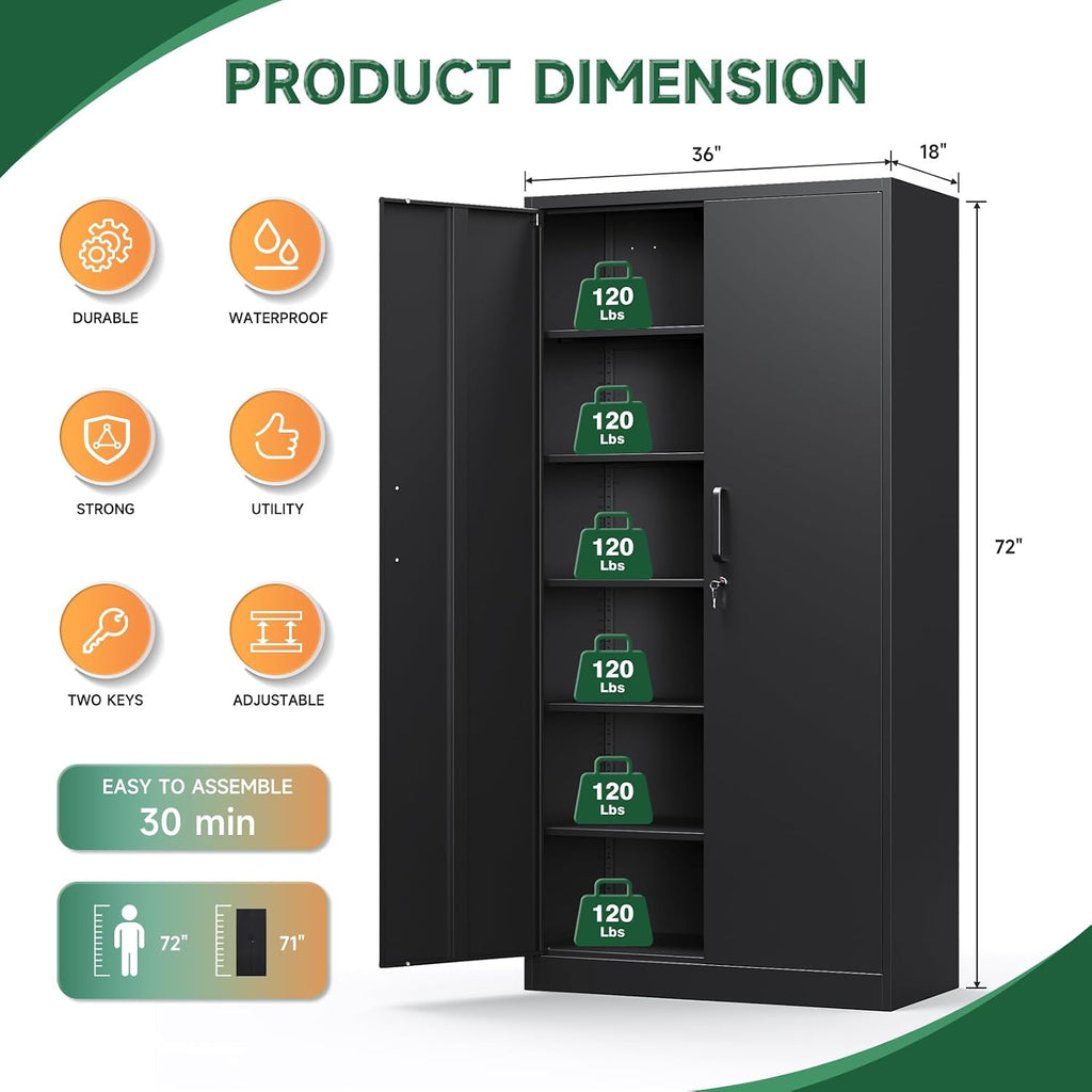 Metal Garage Storage Cabinets with Lock-72 Tall Tool Organizer Steel Lockers, 5 Adjustable Layers Shelves