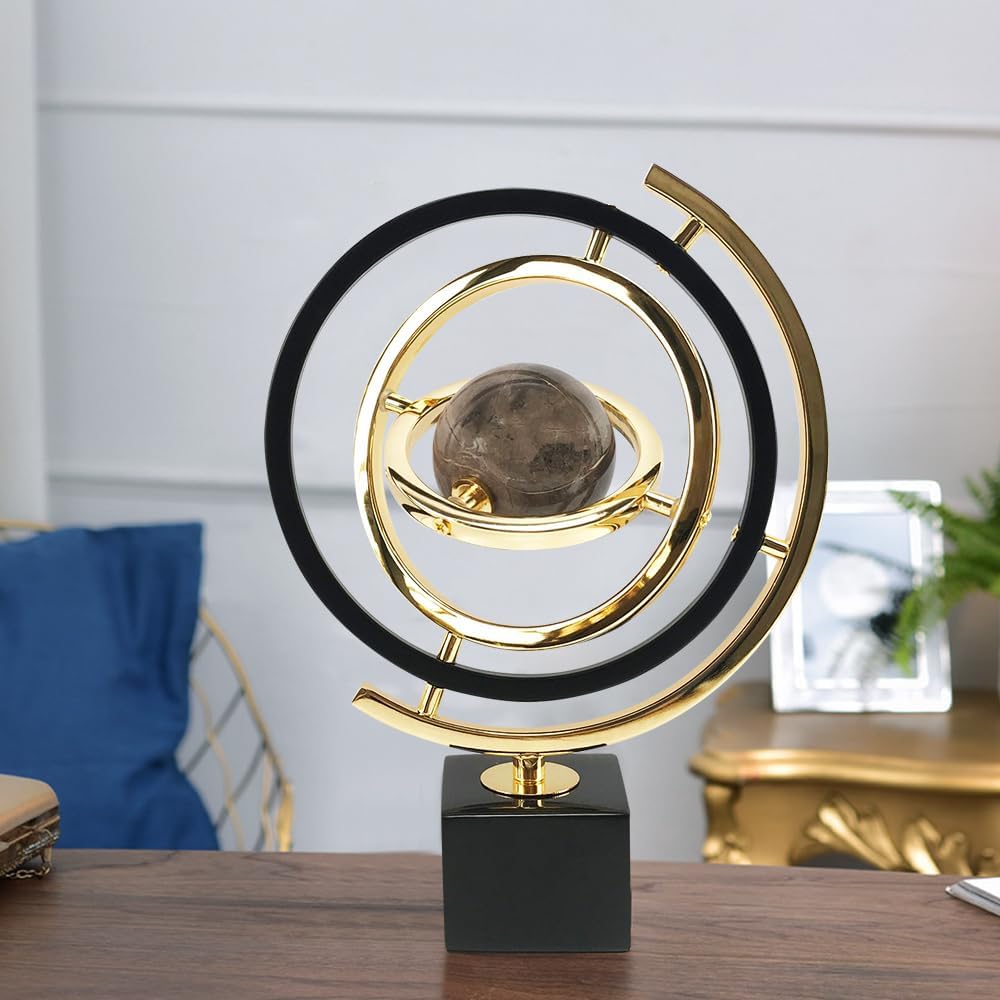 Modern Abstract Art Decoration Metal Globe Ornament Sculpture Decor with Rectangle Stand Black & Gold