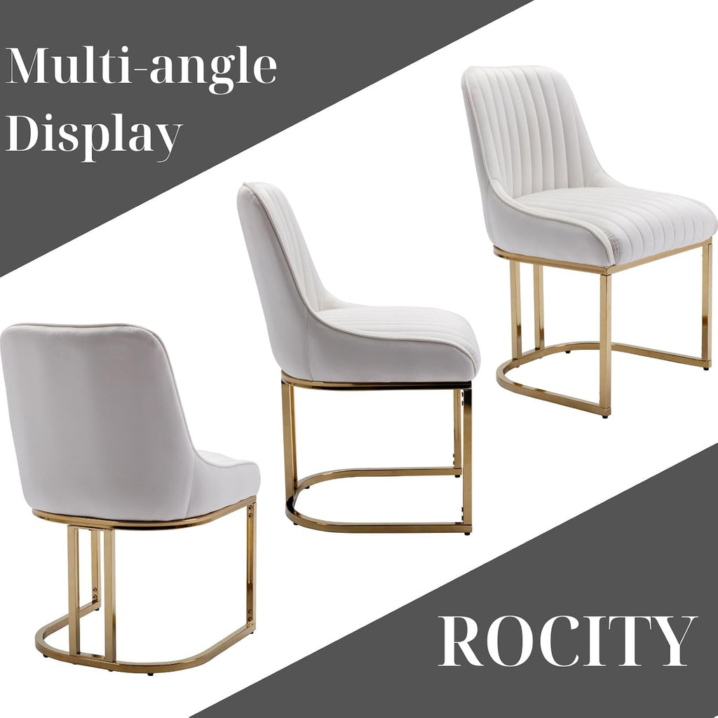 White Dining Chairs Set of 2 Velvet Upholstered Dining Room Chairs with Gold Legs Modern Armless Kitchen Chairs with