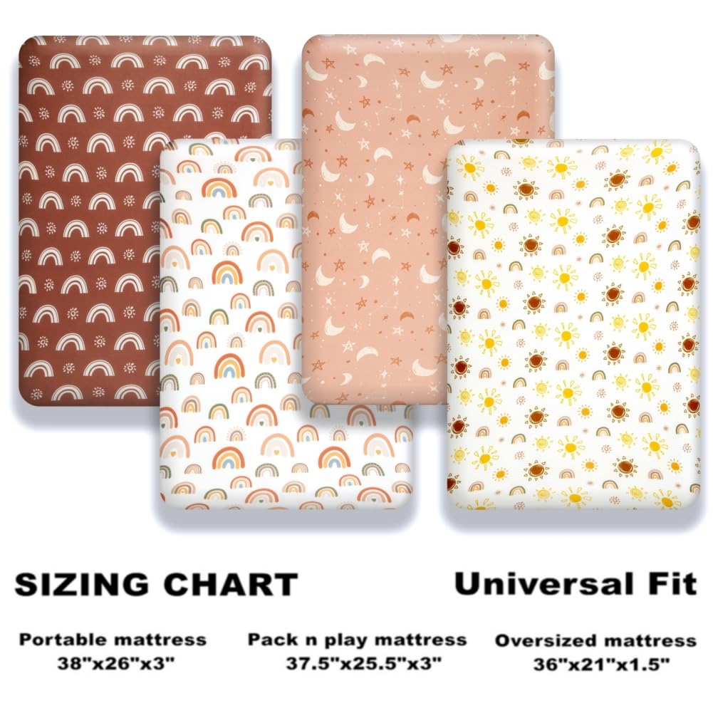 4 Pack N Play Sheets - Mini Crib Sheets Boho Nursery Sheets, Sunshine & Rainbow Design - Neutral Unisex Fitted Baby