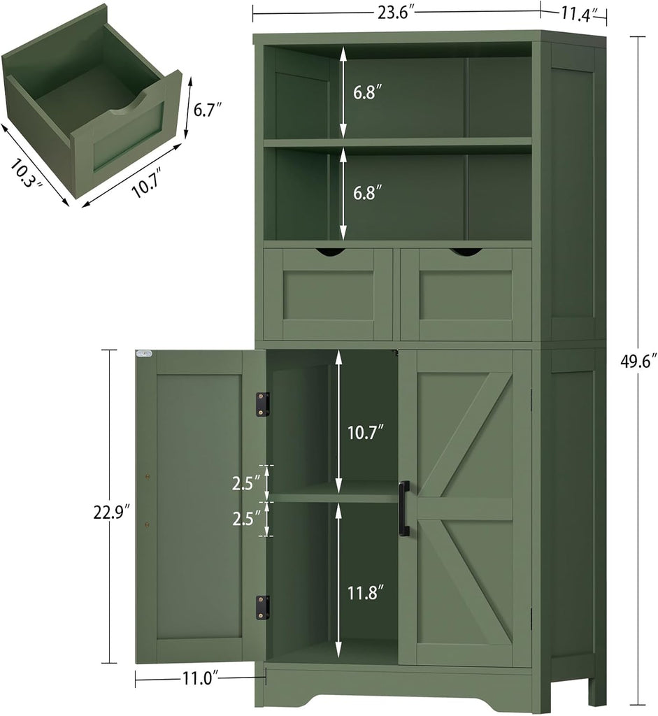 Bathroom Cabinet with Adjustable Shelf & 2 Drawers, Farmhouse Storage Cabinet with 2 Doors, Kitchen Storage Cabinets