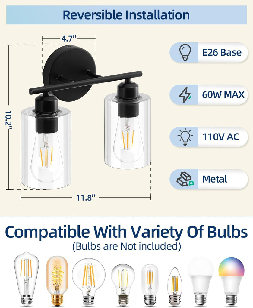 2-Light Bathroom Light Fixtures, Matte Black Bathroom Vanity Lights, Bathroom Lighting Fixtures Over Mirror with