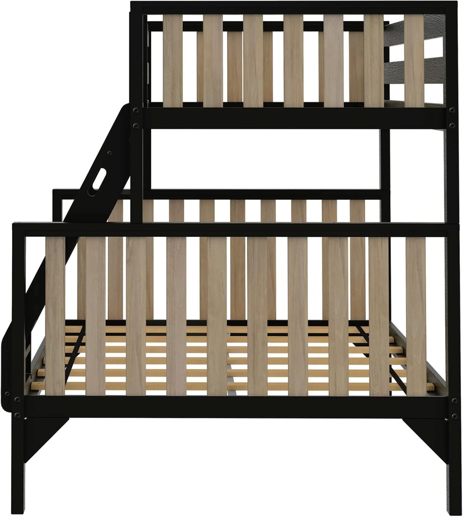 Bunk Bed, Scandinavian Modern Bunk Bed, Solid Wood Twin Over Full Bed Frame for Kids, No Box Spring Needed, Black/Blonde