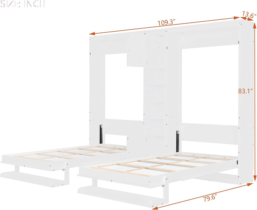 Dual Twin Murphy Bed with Cabinets and Shelves, Space Saving Wall Bed with Storage, Foldable Twin Beds with Convertible Shelf Legs for Guest Room, Small Space, White