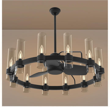 Inspired Ravelle Style Black Ceiling Fans with 12 Lights Wagon Wheel Chandelier, 38 Inch Modern Farmhouse Fandelier, Quiet 6-Speed Reversible DC Motor, 1/2/4H Remote Timing for Living Room/Bedroom/Kitchen