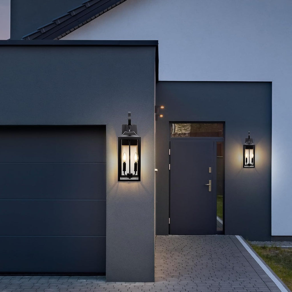 19" Black Outdoor Wall Lantern 2-Light, Large Outside Modern Porch Sconce Light Fixture