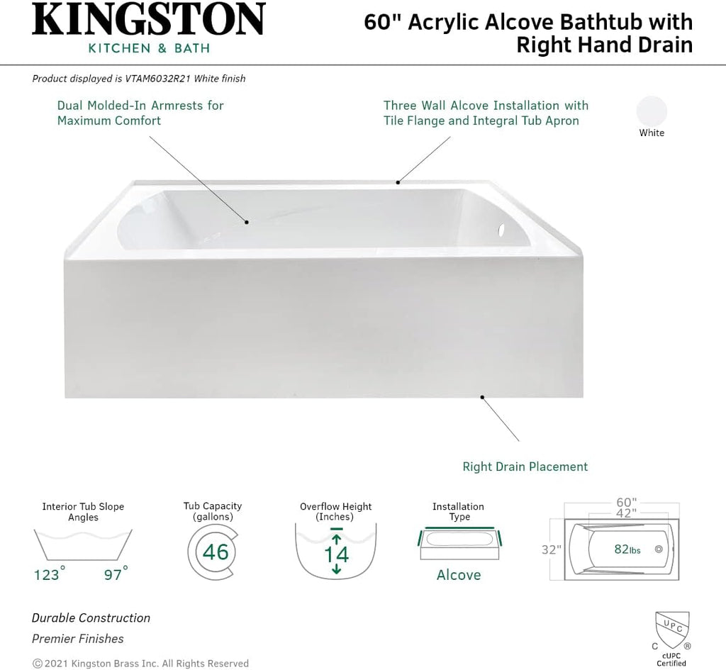 VTAM6032R21 60-Inch Acrylic 3-Wall Alcove Tub with Right Hand Drain Hole, White