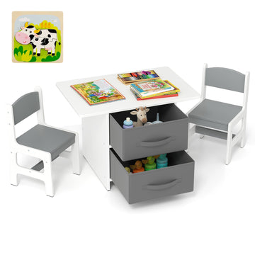 Kids Table and Chair Set, Wood Activity Table w/Toy Storage Baskets, Jigsaw Puzzle for Arts, Crafts, Reading
