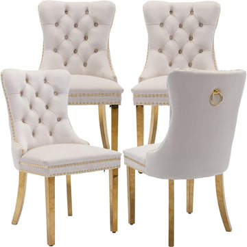 Mid Century Modern Dining Chairs Set of 4, Beige Velvet Upholstered Tufted Back, Kitchen & Dining Room Chairs, Gold
