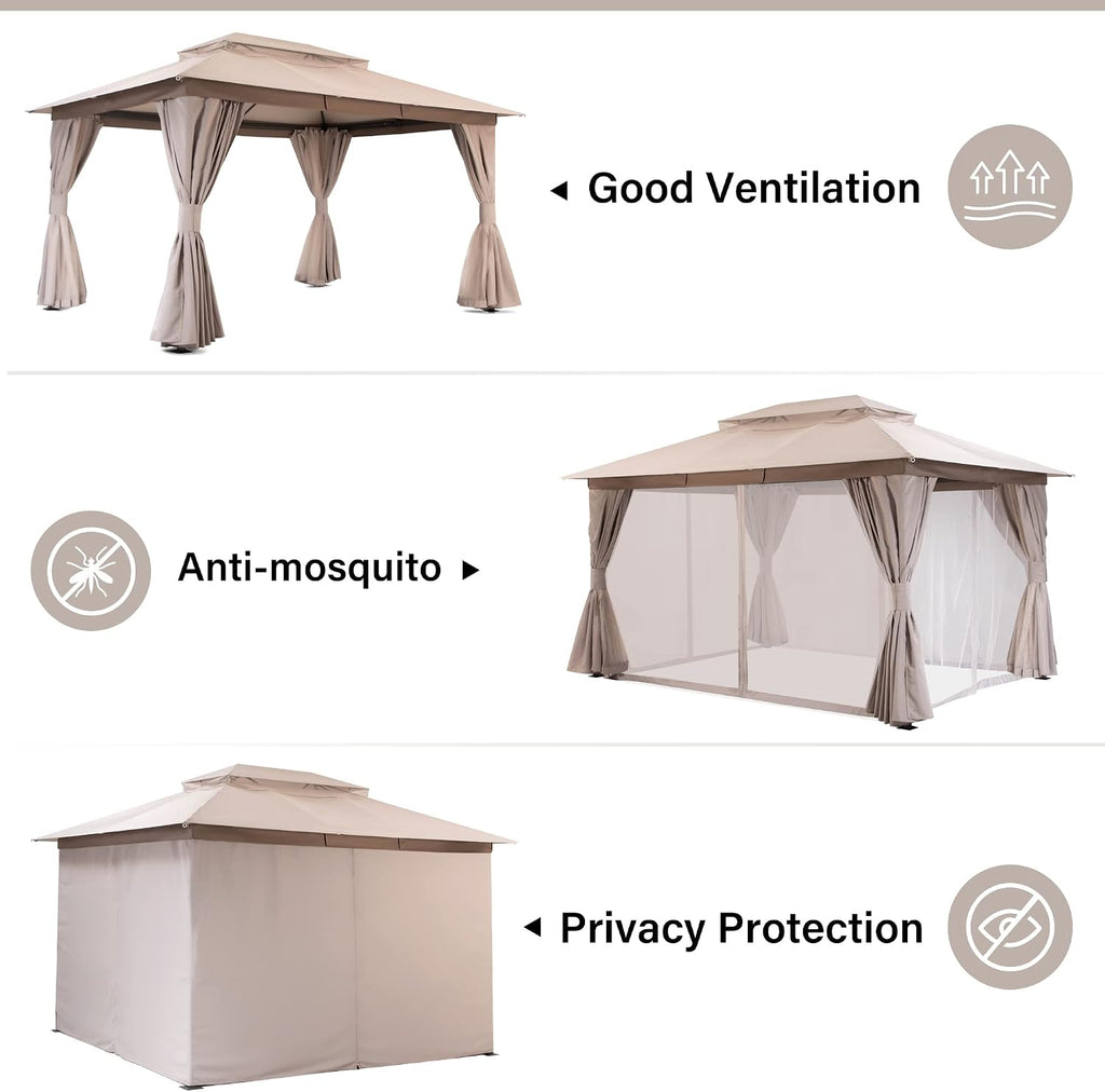 10'x13' Outdoor Gazebo, Metal Frame Heavy Duty Patio Canopy Tent Shelter with Double Roofs - Khaki