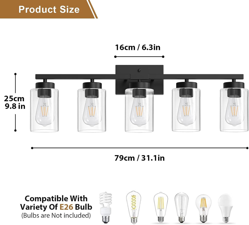 Modern Bathroom Light Fixtures, 5 Light Black Vanity Lights, Bathroom Lighting Fixtures Over Mirror with Clear Glass