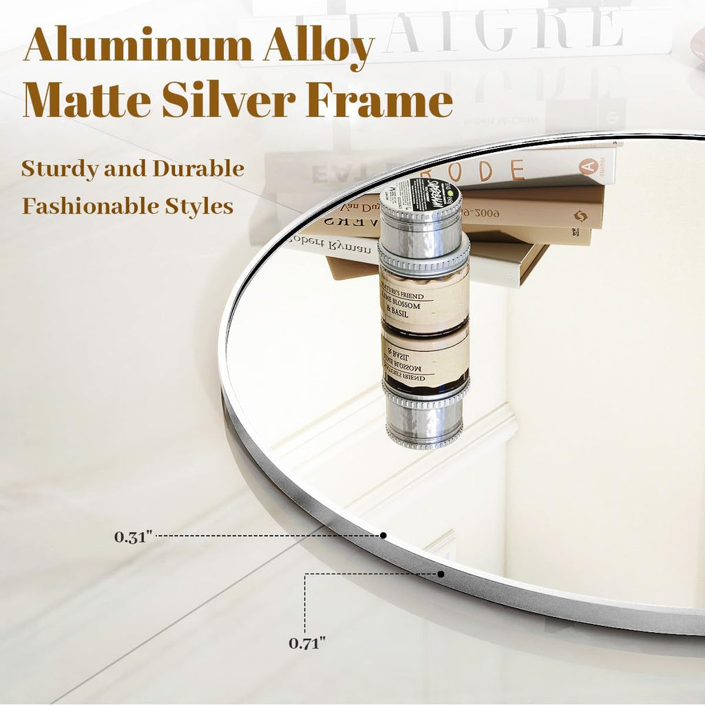 Silver Round Bathroom Mirror 30", Thin Metal Frame Wall Mirror