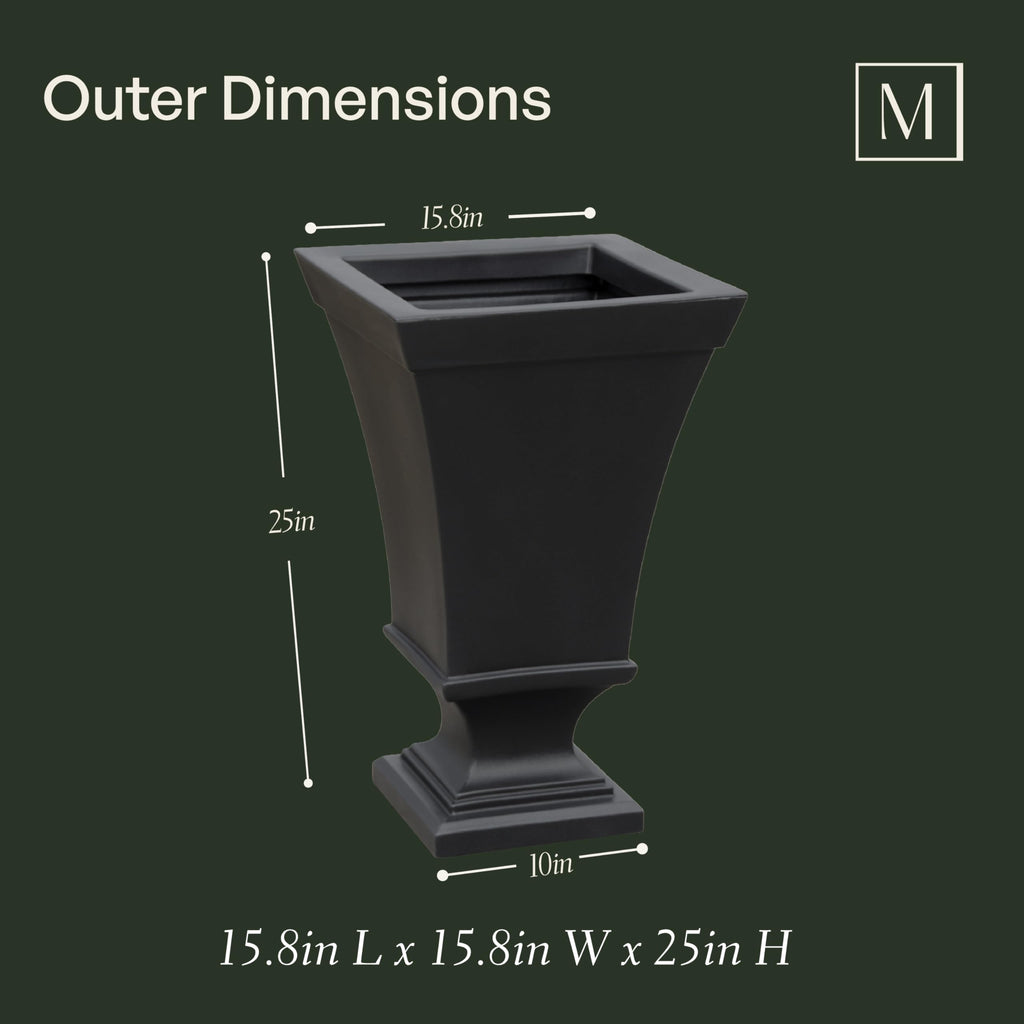 Vienna 25in Self-Watering Tall Square Urn Planter, Black