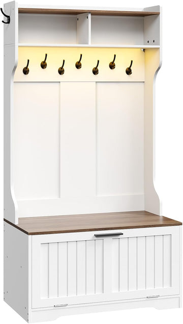 Hall Tree with Bench, 15.7''W Entryway Bench with Coat Rack, Shoe Cabinet with Flip Drawer, LED Hall Tree with 9
