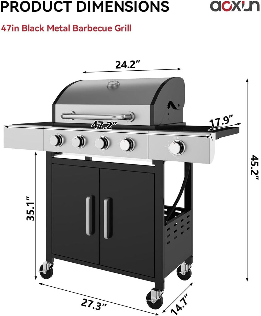 4-Burner Propane Gas Grill with Side Burner, 49,000 BTU Stainless Steel BBQ Grill with Cast Iron Grates and Side Tables (Black)