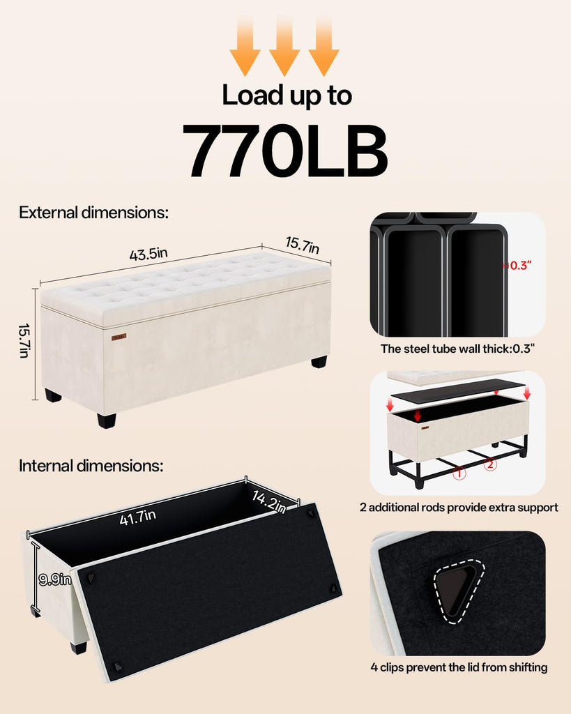 Velvet Storage ottoman bench with legs,43.5"W x 15.7"D x 15.7"H,metal frame end of bed bench hold up to 770 LB,Large