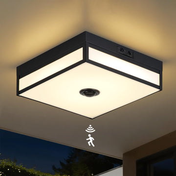 Motion Sensor Outdoor Light, Flush Mount Ceiling Fixture with 24W LED, Dusk to Dawn, Adjustable 3CCT, Black Exterior