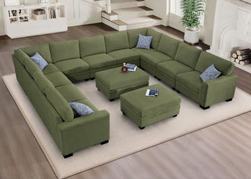 Oversized Modular Sectional Sofa, U/L‐Shaped Reversible Couch with Ottoman, Deep Seat Corduroy Sofa, 13‐Seater, Olive