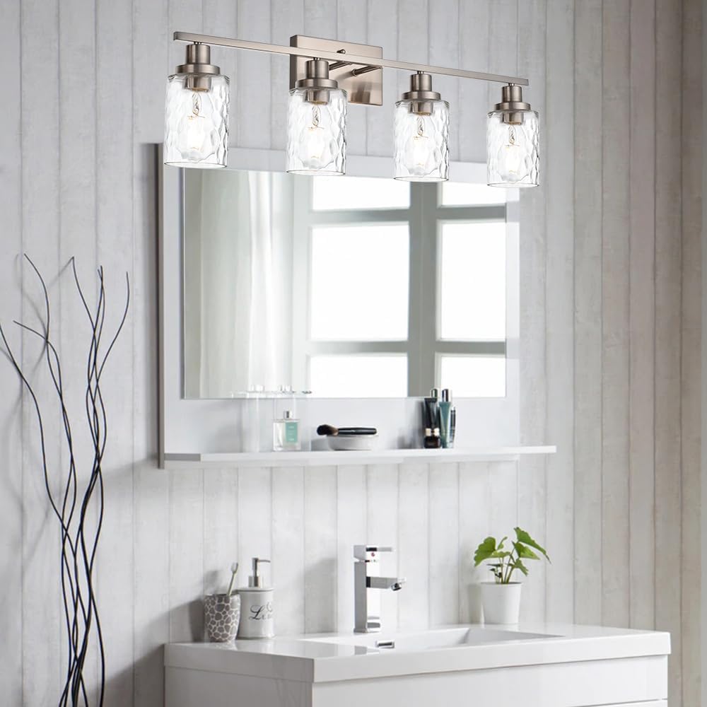 Brushed Nickel Bathroom Vanity Light with Clear Hammered Glass | 4-Light Wall Light Fixtures Modern Wall Lamp for
