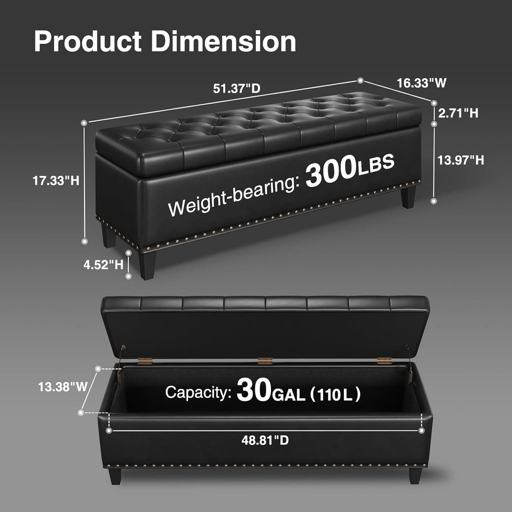 51 Inch Storage Ottoman Bench,Large End of Bed Storage Bench | Faux Leather Ottoman with Storage,30