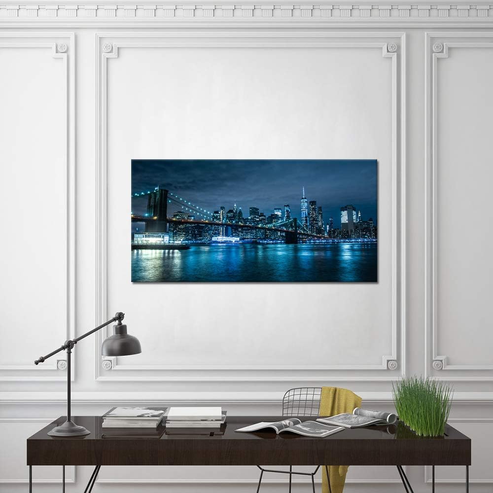 Blue New York City Canvas Wall Art Print Cityscape Brooklyn Bridge Picture Framed Wall Decor NYC Skyline Painting