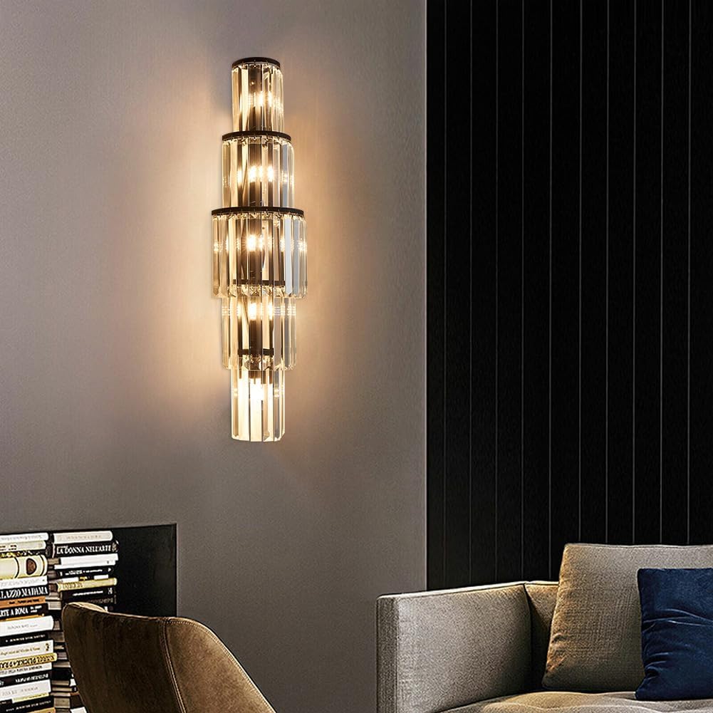 29.5 inch Modern Wall Sconce Crystal Vanity Wall Sconce Lighting 5-Light Black Wall Light Fixtures for Bedroom Living